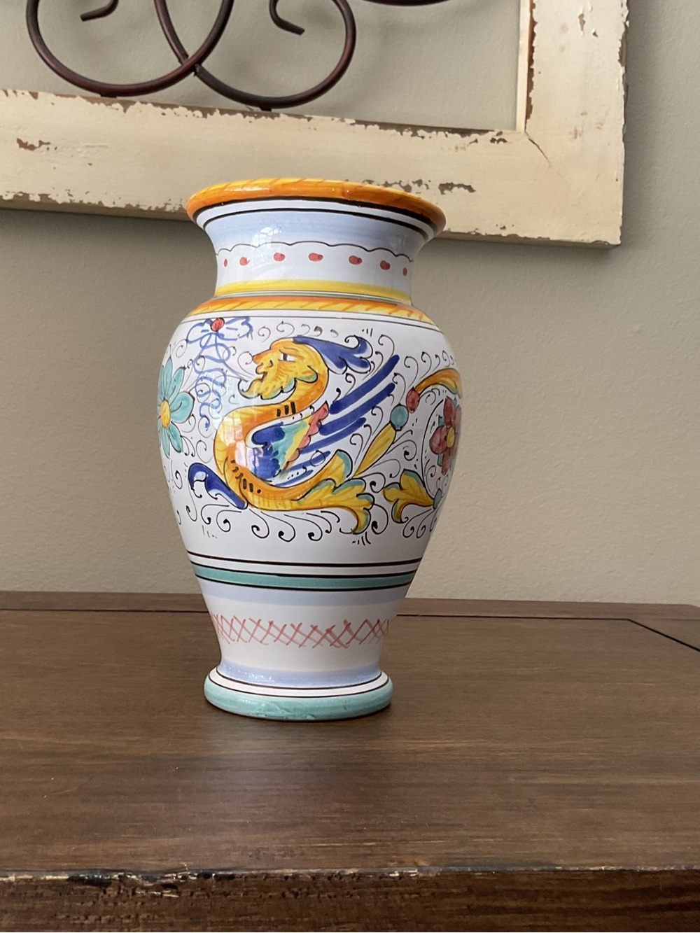 Hand-Painted Ceramic Accent Vase in White with Yellow & Blue Motifs